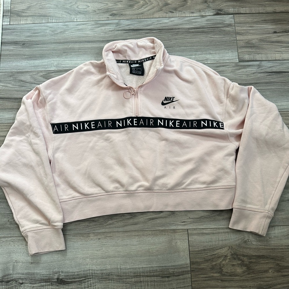 Nike Air Cropped 1/4 Zip Pullover Sweatshirt with Nike Air Tape Pale Pink Size L